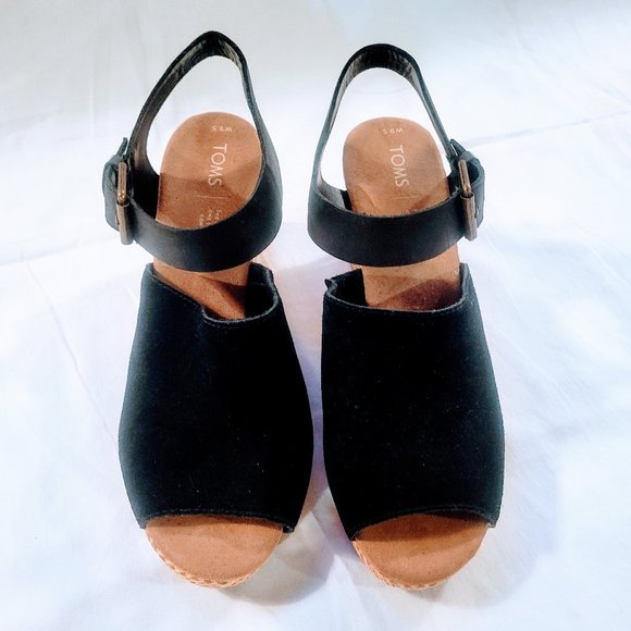 Toms Tropez Jute Wedge Slingback Sandal Platform Black Suede Heels - Picture 2 of 14